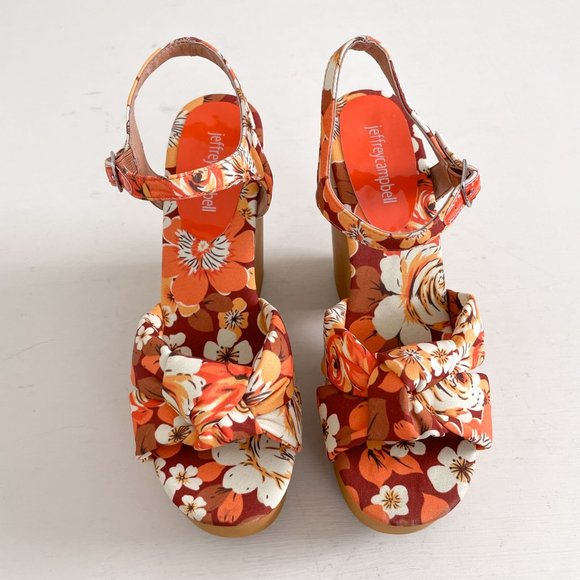 Jeffrey Campbell Orange & Brown Floral Jacy Wood Platform Wedge Sandals Size 8 - Picture 2 of 16